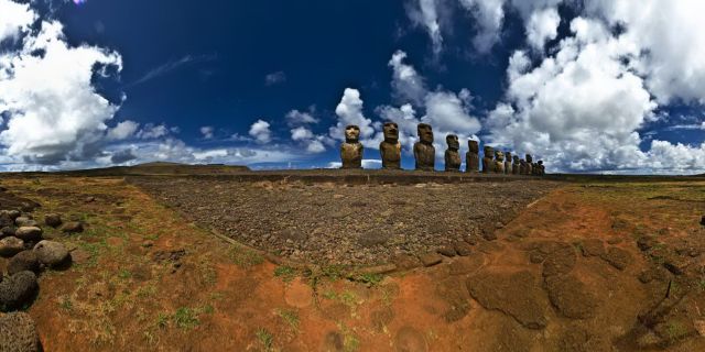 This is Ahu Tongariki, the largest Ahu on Rapa Nui. Its Moai were toppled during the island's civil wars and in the twentieth century the Ahu was swept inland by a tidal wave. It has since been restored and has 15 Moai including an 86 tonne moai that was the heaviest ever erected on the island.
