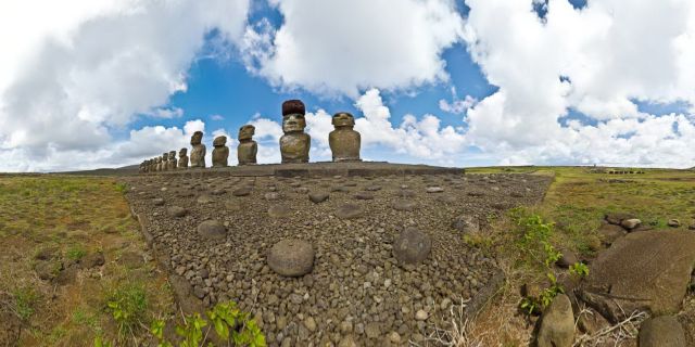 This is Ahu Tongariki, the largest Ahu on Rapa Nui. Its Moai were toppled during the island's civil wars and in the twentieth century the Ahu was swept inland by a tidal wave. It has since been restored and has 15 Moai including an 86 tonne moai that was the heaviest ever erected on the island.