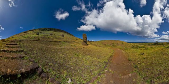Rano Raraku is a volcanic crater formed of consolidated volcanic ash, or tuff, and located on the lower slopes of Terevaka in the Rapa Nui National Park on Easter Island. It was a quarry for about 500 years until the early eighteenth century, and supplied the stone from which about 95% of the island's known monolithic sculpture (Moai) were carved. Rano Raraku is a visual record of Moai design vocabulary and technological innovation, where 397 Moai remain. Rano Raraku is in the world heritage site of Rapa Nui National Park and gives its name to one of the seven sections of the park. Wikipedia