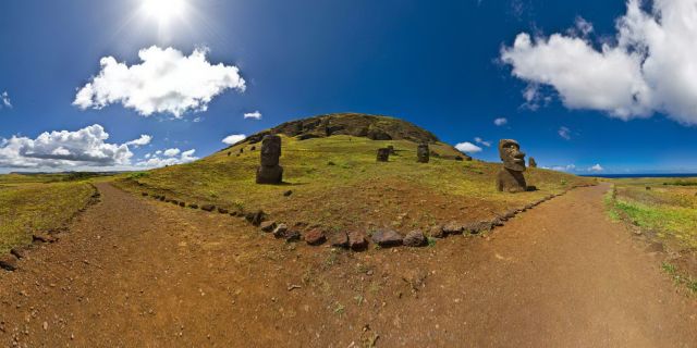 Rano Raraku is a volcanic crater formed of consolidated volcanic ash, or tuff, and located on the lower slopes of Terevaka in the Rapa Nui National Park on Easter Island. It was a quarry for about 500 years until the early eighteenth century, and supplied the stone from which about 95% of the island's known monolithic sculpture (Moai) were carved. Rano Raraku is a visual record of Moai design vocabulary and technological innovation, where 397 Moai remain. Rano Raraku is in the world heritage site of Rapa Nui National Park and gives its name to one of the seven sections of the park. Wikipedia