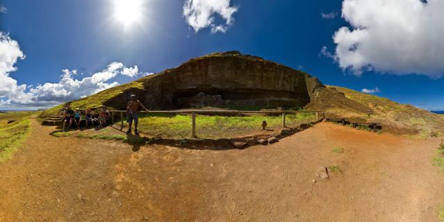 Here is Nano at work... Nano is a native Rapa Nui Guide working for Discover Rapa Nui ... Rano Raraku is a volcanic crater formed of consolidated volcanic ash, or tuff, and located on the lower slopes of Terevaka in the Rapa Nui National Park on Easter Island. It was a quarry for about 500 years until the early eighteenth century, and supplied the stone from which about 95% of the island's known monolithic sculpture (Moai) were carved. Rano Raraku is a visual record of Moai design vocabulary and technological innovation, where 397 Moai remain. Rano Raraku is in the world heritage site of Rapa Nui National Park and gives its name to one of the seven sections of the park. Wikipedia