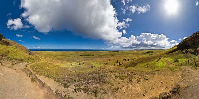 Rano Raraku is a volcanic crater formed of consolidated volcanic ash, or tuff, and located on the lower slopes of Terevaka in the Rapa Nui National Park on Easter Island. It was a quarry for about 500 years until the early eighteenth century, and supplied the stone from which about 95% of the island's known monolithic sculpture (Moai) were carved. Rano Raraku is a visual record of Moai design vocabulary and technological innovation, where 397 Moai remain. Rano Raraku is in the world heritage site of Rapa Nui National Park and gives its name to one of the seven sections of the park. Wikipedia