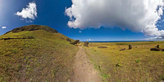 Rano Raraku is a volcanic crater formed of consolidated volcanic ash, or tuff, and located on the lower slopes of Terevaka in the Rapa Nui National Park on Easter Island. It was a quarry for about 500 years until the early eighteenth century, and supplied the stone from which about 95% of the island's known monolithic sculpture (Moai) were carved. Rano Raraku is a visual record of Moai design vocabulary and technological innovation, where 397 Moai remain. Rano Raraku is in the world heritage site of Rapa Nui National Park and gives its name to one of the seven sections of the park. Wikipedia В 