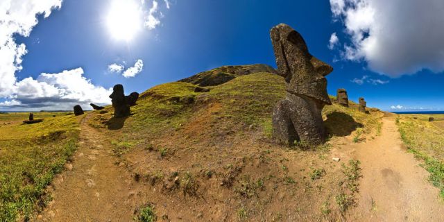 Rano Raraku is a volcanic crater formed of consolidated volcanic ash, or tuff, and located on the lower slopes of Terevaka in the Rapa Nui National Park on Easter Island. It was a quarry for about 500 years until the early eighteenth century, and supplied the stone from which about 95% of the island's known monolithic sculpture (Moai) were carved. Rano Raraku is a visual record of Moai design vocabulary and technological innovation, where 397 Moai remain. Rano Raraku is in the world heritage site of Rapa Nui National Park and gives its name to one of the seven sections of the park. Wikipedia