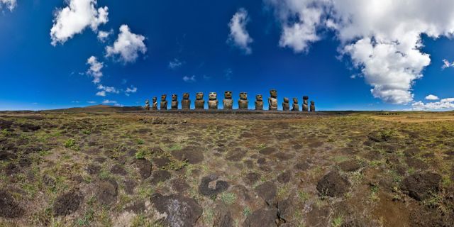Ahu Tongariki is the largest Ahu on Rapa Nui/Easter Island. Its Moai were toppled during the island's civil wars and in the twentieth century the Ahu was swept inland by a tidal wave. It has since been restored and has 15 Moai including an 86 tonne moai that was the heaviest ever erected on the island. Ahu Tongariki is close to Rano Raraku and Poike in the Rapa Nui National Park. Wikipedia