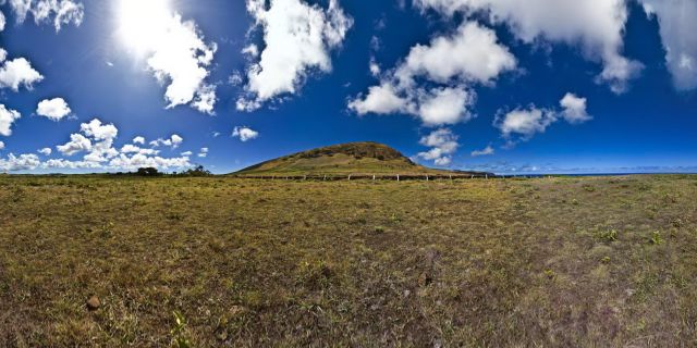 This is a nearly global view of rano raraku quarry....