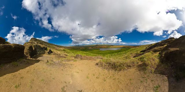 If you look through the gap of the volcano, you can see Ahu Tongariki . Inside the volcano, there are moai everywhere... Rano Raraku was the quarry wich supplied the stone from which about 95% of the island's known Moai were carved.